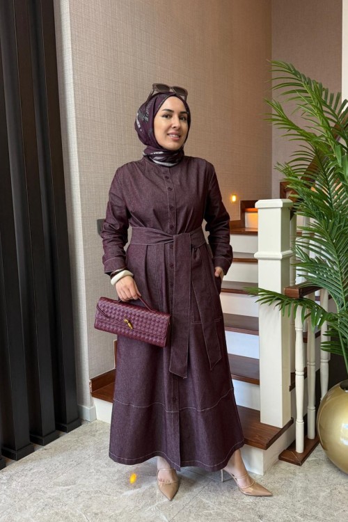 Kontrast Dikişli Kot Elbise Mürdüm