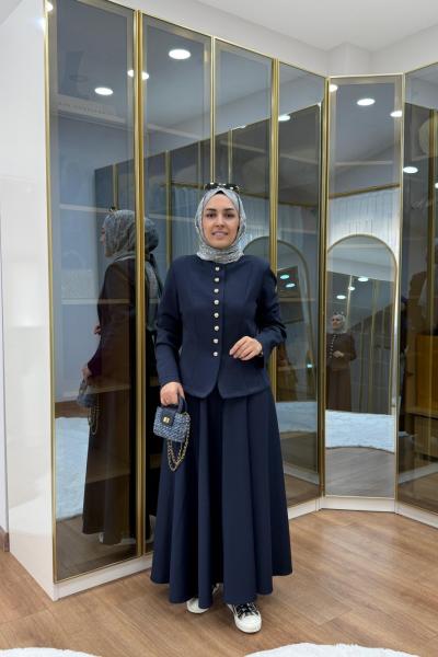 Kulp Detaylı Astarlı Etekli Takım Lacivert