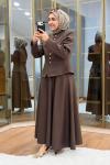 Kulp Detaylı Astarlı Etekli Takım Kahverengi