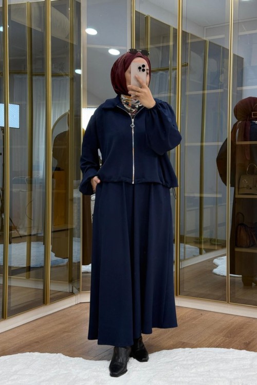 Omuzu Büzgülü Ceket Etek Takım Lacivert