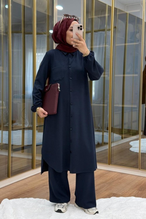 Örme kumaş maksi boy takım Lacivert