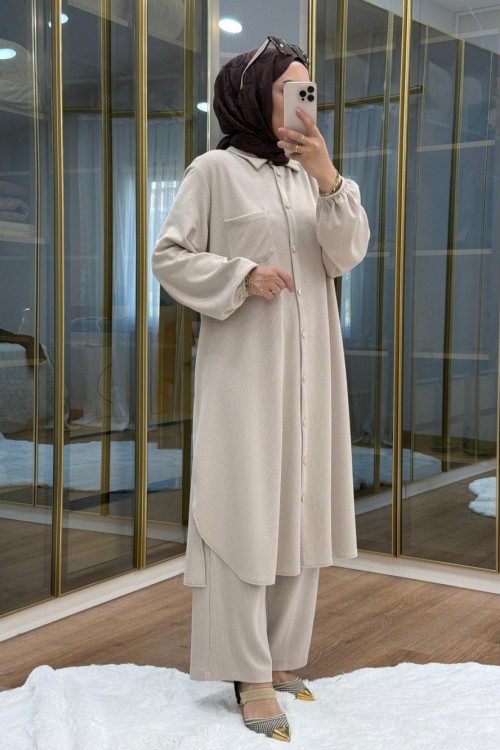 Örme kumaş maksi boy takım Bej