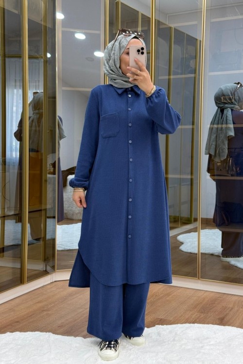 Örme kumaş maksi boy takım İndigo