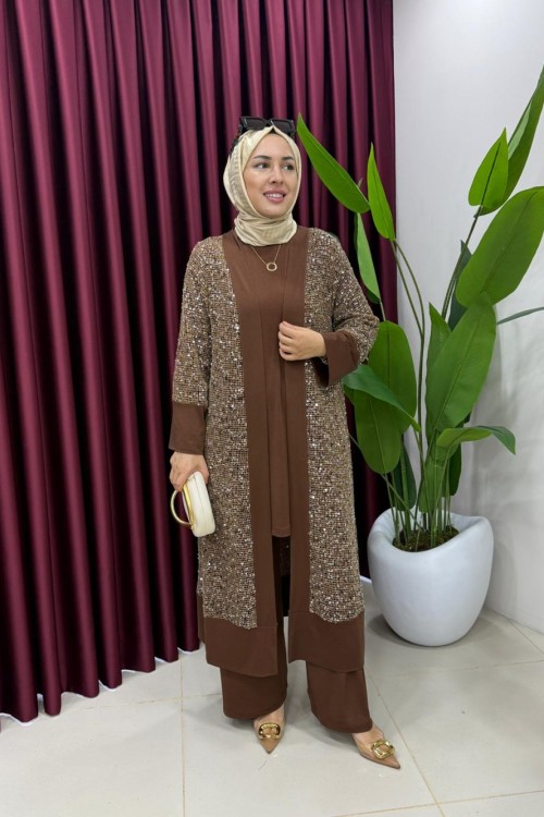 Payetli Hırkalı Takım Kahverengi
