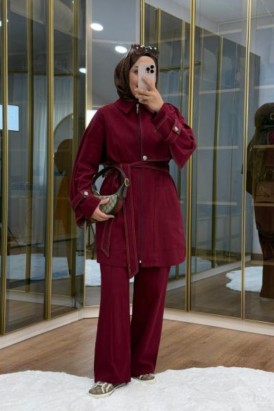 Pelerinli Gabardin Takım Bordo