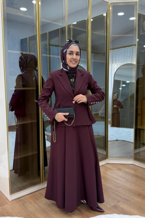 Pile Detaylı Ceket Etekli Takım Bordo