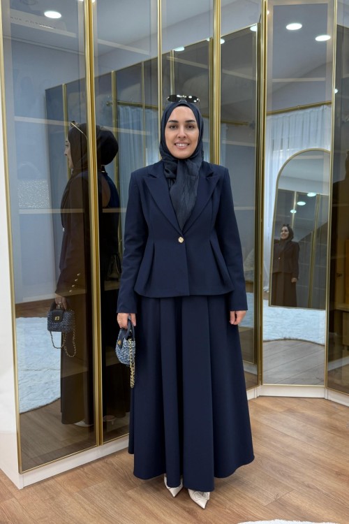 Pile Detaylı Ceket Etekli Takım Lacivert