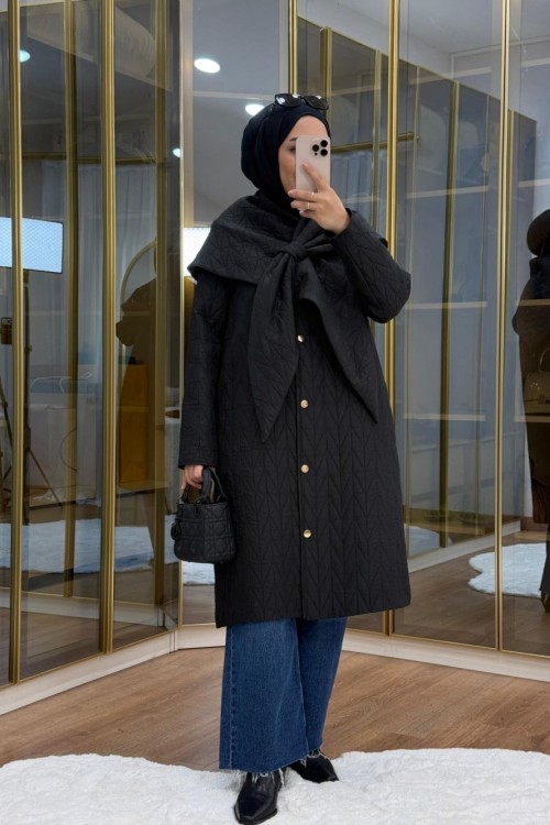 Şal Detaylı Kapitone Mont Siyah