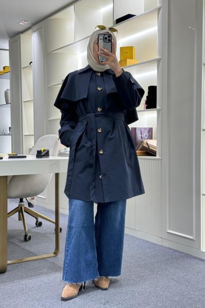 Seyyar Pelerinli Trençkot Lacivert