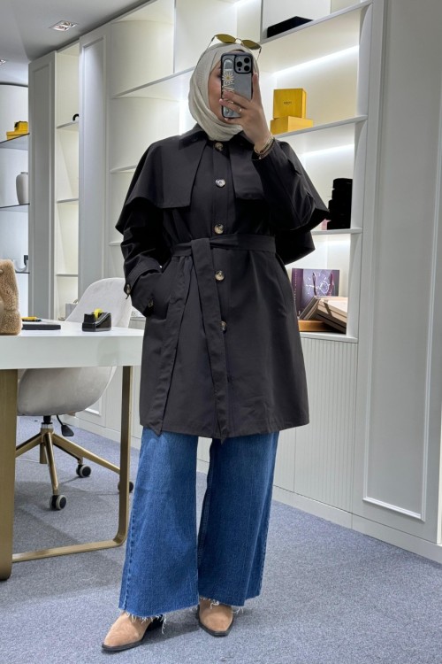 Seyyar Pelerinli Trençkot Kahverengi