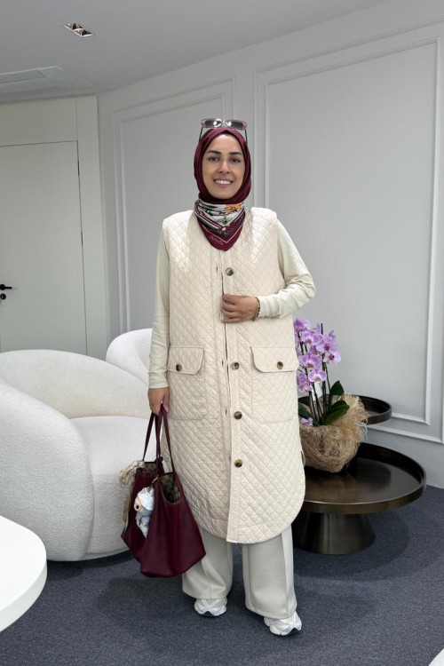 Uzun Kapitone Yelek Bej