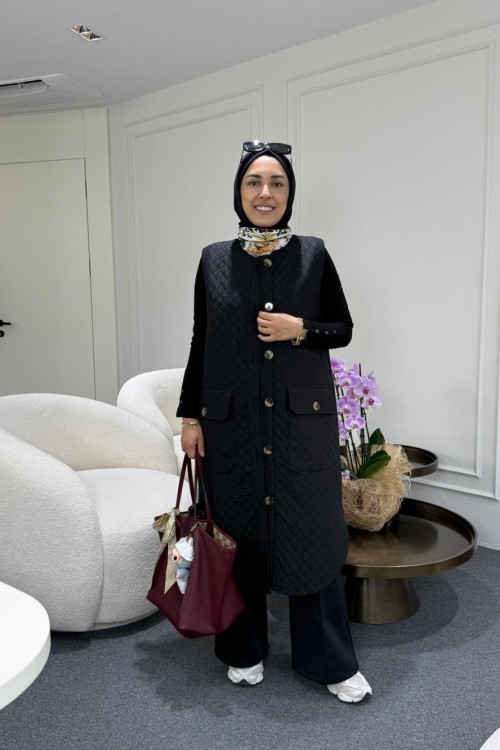 Uzun Kapitone Yelek Siyah