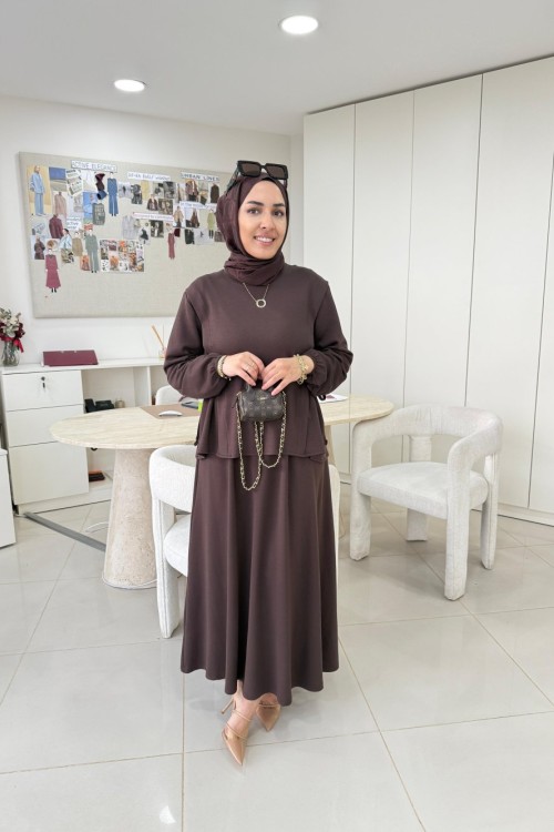 Yandan Büzgülü Oysho Etekli Takım Kahverengi