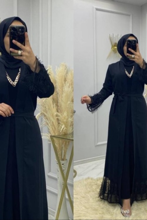 Ahu Abaya Takım Siyah Pullu