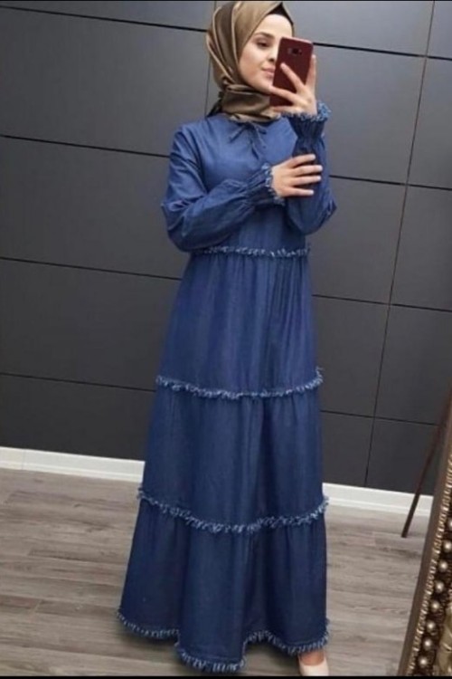 Bağcıklı Kot Elbise Koyu Mavi