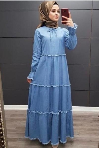 Bağcıklı Kot Elbise Açık Mavi