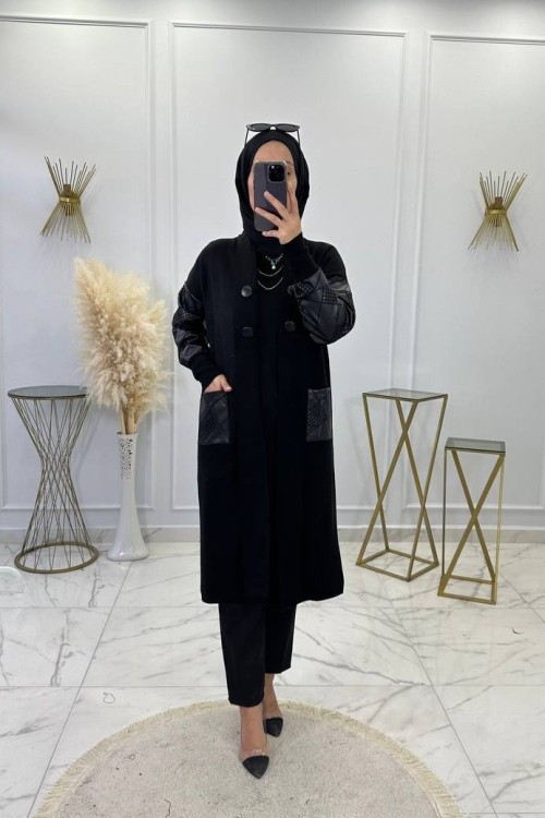 Çelik Örme Deri Hırka Siyah