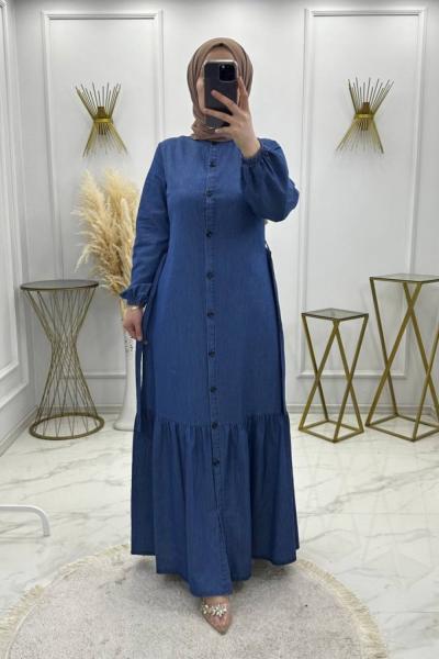 Düğmeli Kot Elbise Koyu Mavi