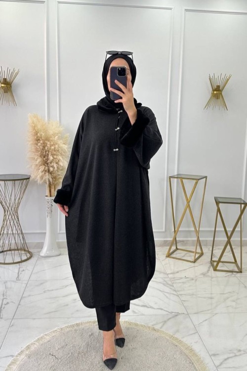 Kürklü Panço Pelerin Siyah