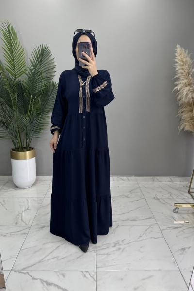 Medine Elbise Nakışlı Lacivert