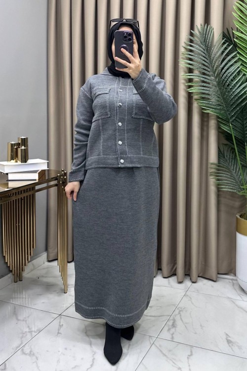 Melis Triko Etekli Takım Füme