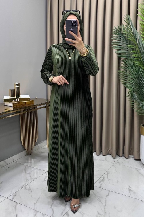 Multi Piliseli Kadife Elbise Haki