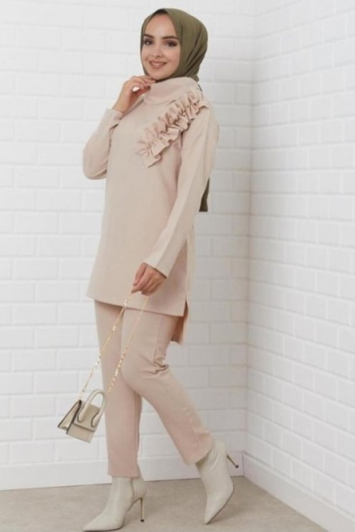 Pantolonlu İkili Takım Krem - Şık