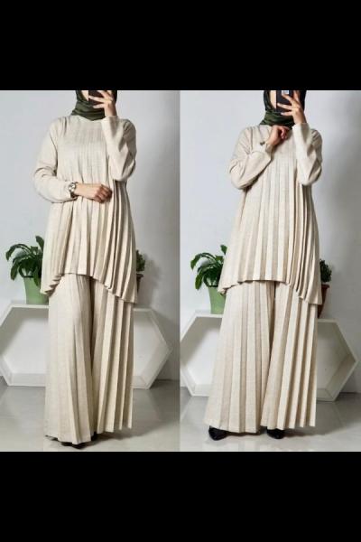 piliseli pantolonlu triko ikili takım taş