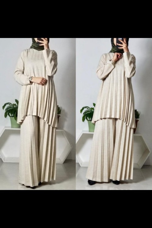 piliseli pantolonlu triko ikili takım taş