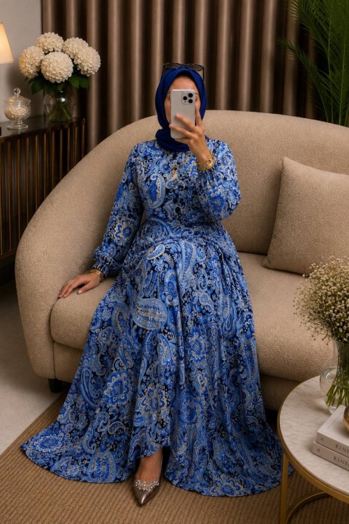 Şal Desen Elbise indigo Mavi