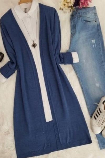 Triko Uzun Hırka-İndigo