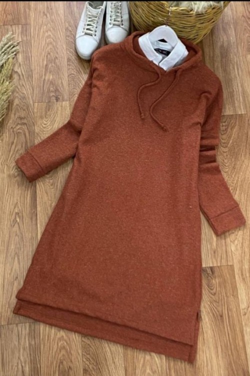 Yumoş Kapşonlu Tunik Kiremit