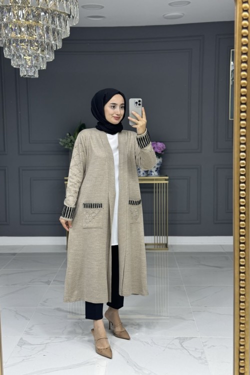 Arma uzun taşlı hırka - vizon