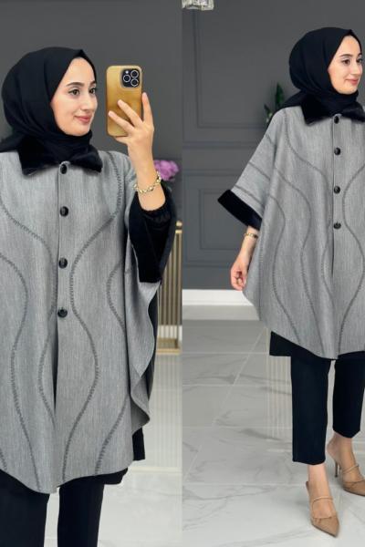 Aşk Kışlık Büyük Beden Panço - Gri