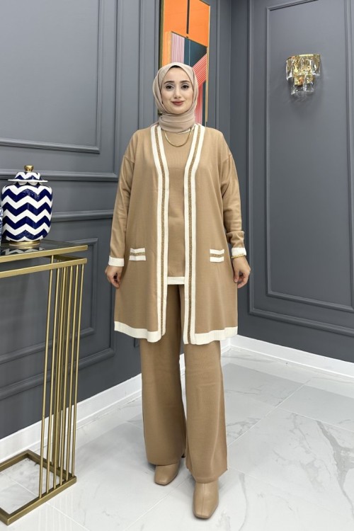 Aslı Tesettür Üçlü Takım- Camel