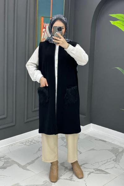 Cebi Kürklü Yelek - Siyah