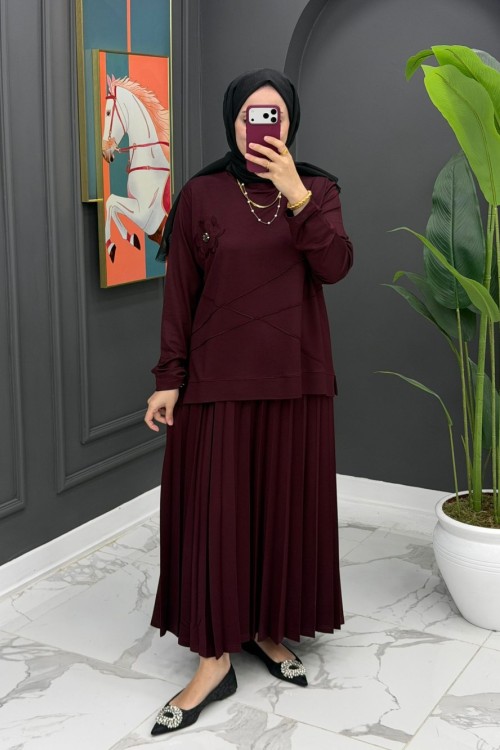 Çiçek Detaylı Etekli Takım - Bordo