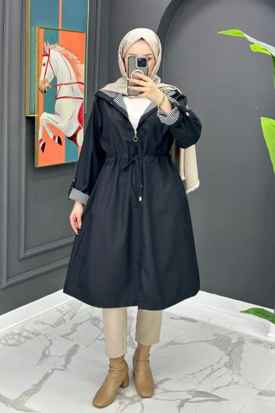 Çizgi Detaylı Trench - Siyah