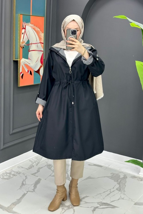 Çizgi Detaylı Trench - Siyah