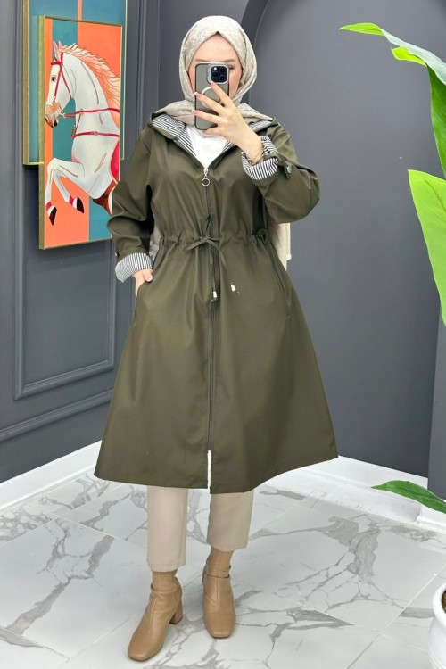 Çizgi Detaylı Trench - Haki