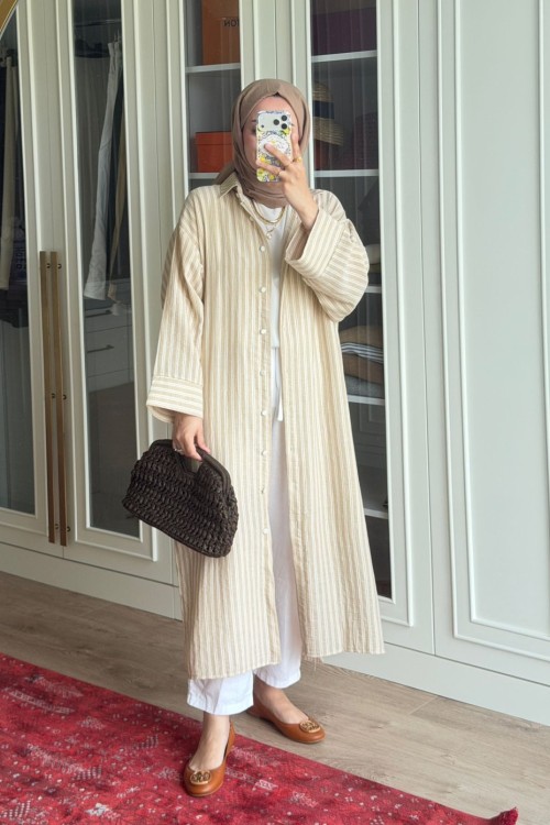 Çizgili Tunik Kap-Bej