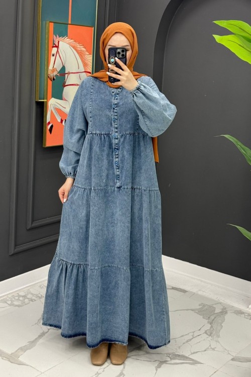Düğmeli Kot Elbise - Mavi