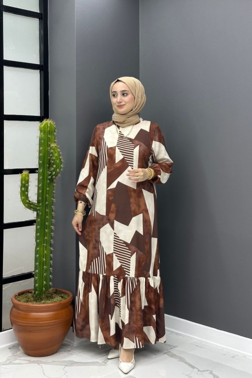 Güllü Elbise - Kahve