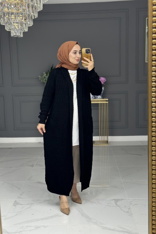 Hane uzun triko hırka - siyah