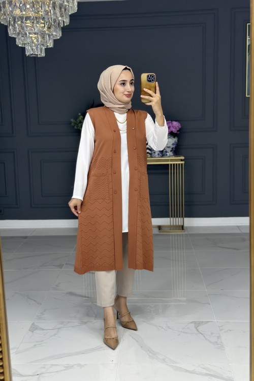 heidi triko uzun yelek - taba