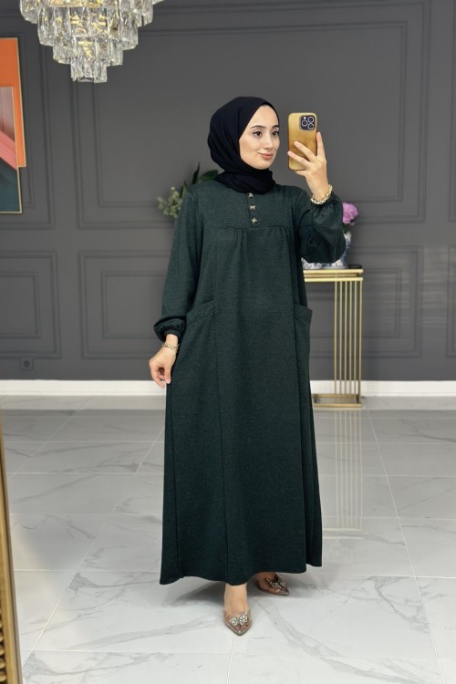 Menşure cepli elbise - zümrüt