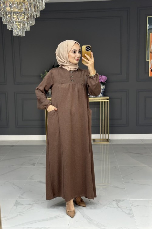 Menşure cepli elbise - kahverengi