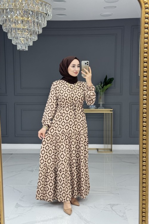 Mercan Tesettür Elbise - Bej
