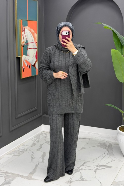 Neva Atkılı Triko Takım -  Gri