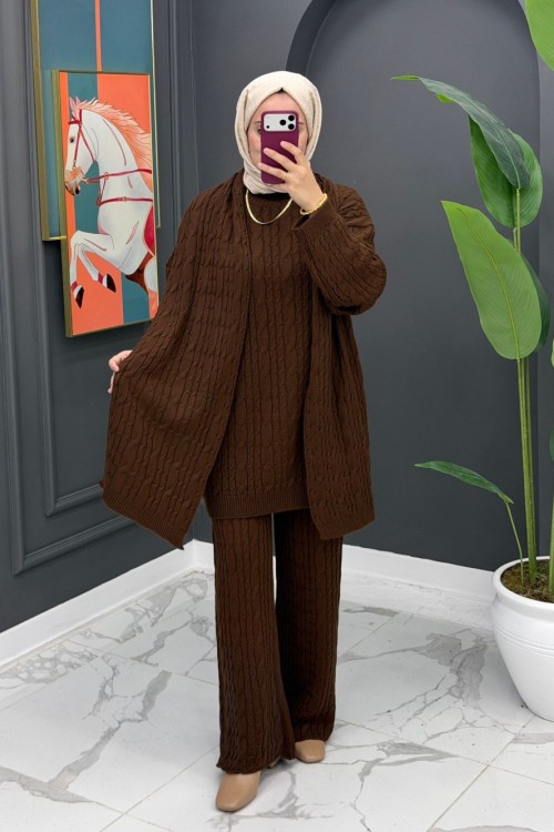 Neva Atkılı Triko Takım -  Kahve